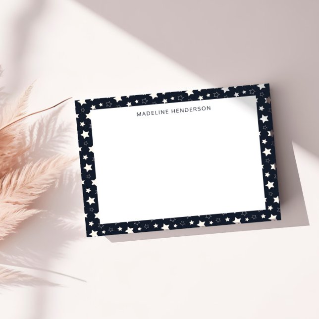 Whimsical White Stars Black Monogram Note Card (Creator Uploaded)