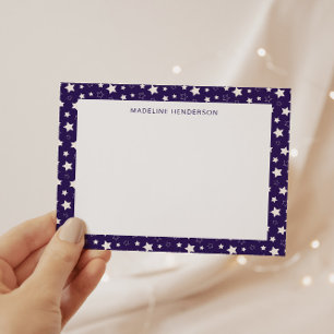 Whimsical White Stars Dark Purple Monogram Note Card