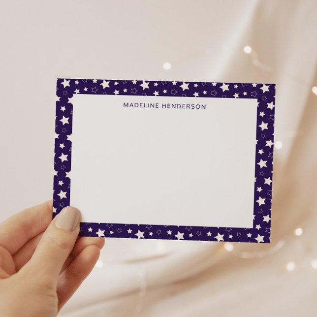 Whimsical White Stars Dark Purple Monogram Note Card (Creator Uploaded)