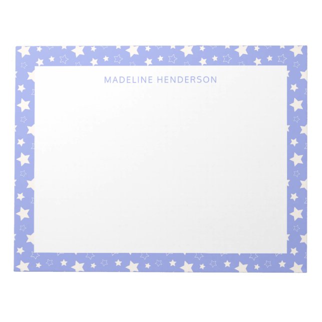Whimsical White Stars Light Blue Monogram Notepad (Front)