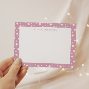 Whimsical White Stars Pastel Pink Monogram Note Card