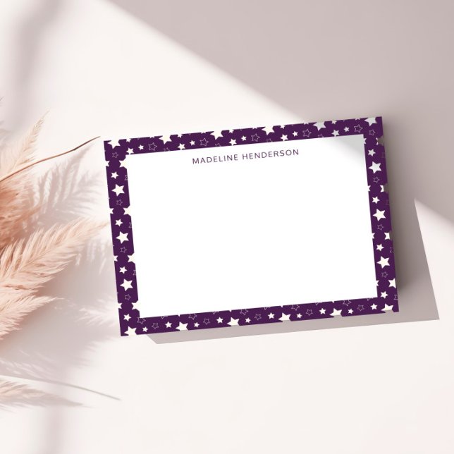 Whimsical White Stars Plum Purple Monogram Note Card (Creator Uploaded)