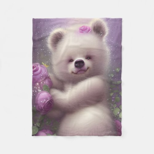 Whimsical White Teddy with Peonies Fleece Blanket