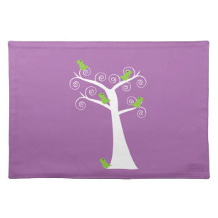 Whimsical White Tree & Green Birds Art Cloth Placemat
