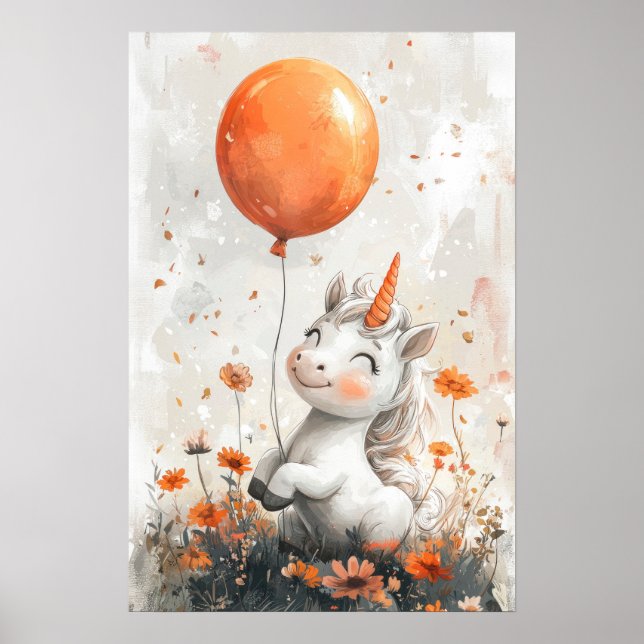 Whimsical White Unicorn in Orange Flower Field Ill Poster (Front)