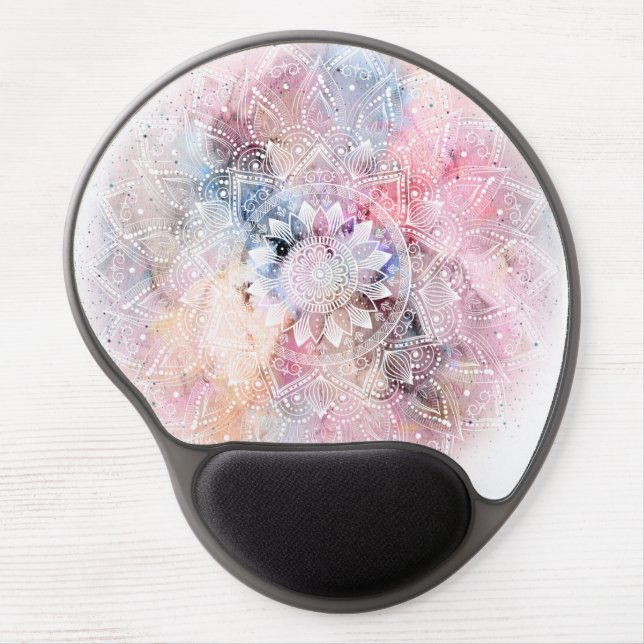 Whimsical white watercolor mandala design gel mouse pad (Front)