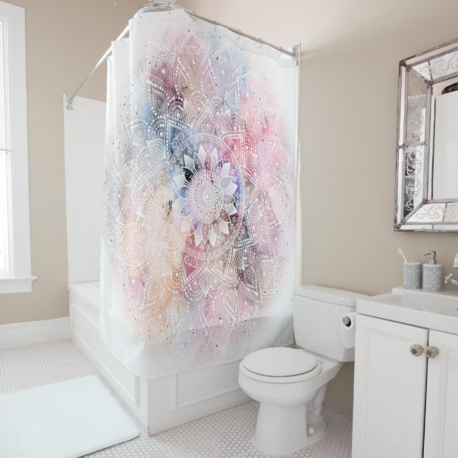 Whimsical white watercolor mandala design shower curtain (In Situ)