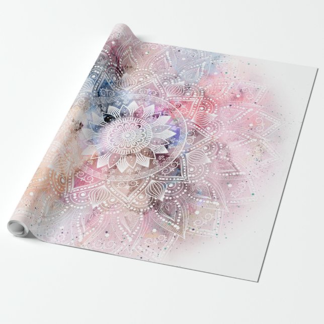 Whimsical white watercolor mandala design wrapping paper (Unrolled)