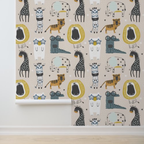 Whimsical Wild Animals Cute Modern Kids Pattern Wallpaper