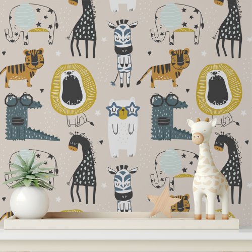 Whimsical Wild Animals Cute Modern Kids Pattern Wallpaper