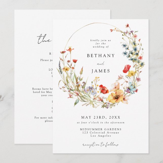 Whimsical Wild Flower All In One Wedding Invitation (Front/Back)