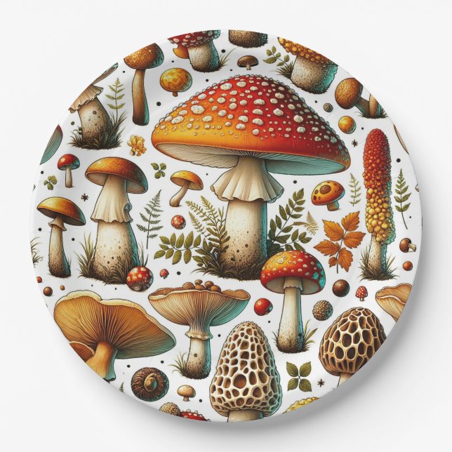 Whimsical Wild Mushrooms Paper Plates (Front)