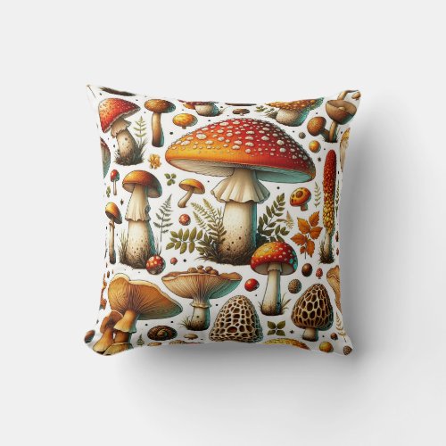 Whimsical Wild Mushrooms Throw Pillow