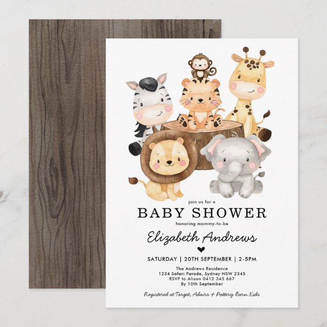 Whimsical Wild Safari Animals Neutral Baby Shower Invitation (Front/Back)