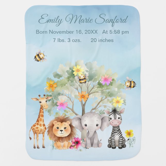 Whimsical Wild Zoo Animals Birth Record Baby Blanket (Front)