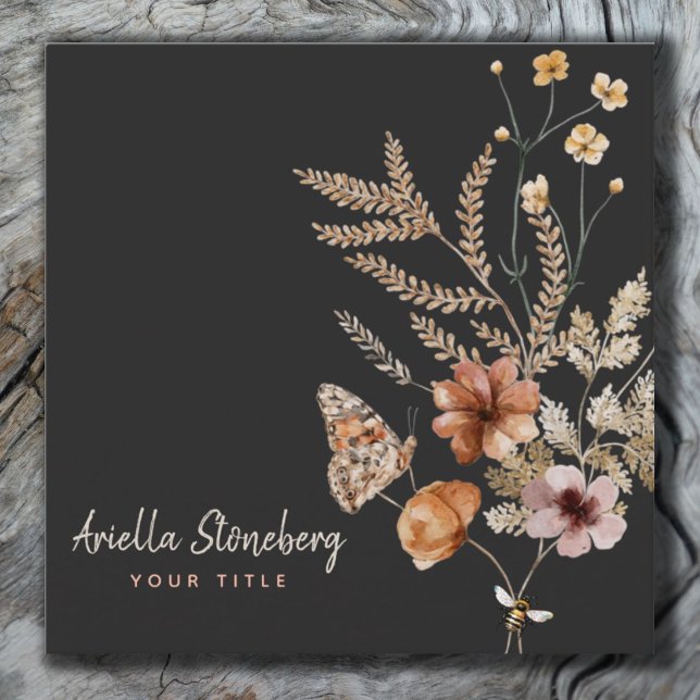 Whimsical Wildflower Blooms | Floral On Black Square Business Card (Creator Uploaded)