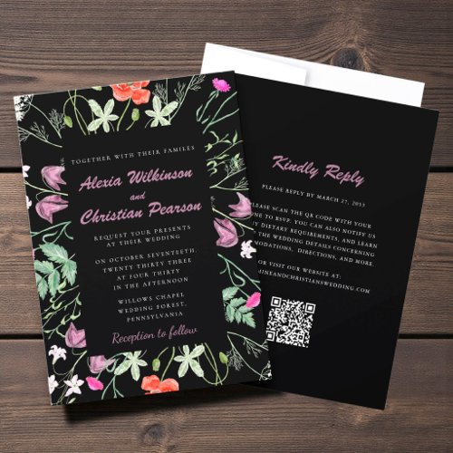 Whimsical Wildflower Botanical Black/ QR Code RSVP Invitation