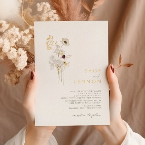 Whimsical Wildflower Bouquet  Gold Foil Invitation