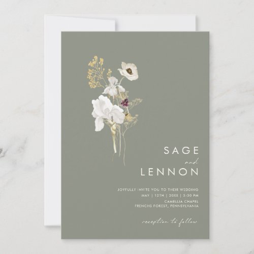 Whimsical Wildflower Bouquet Sage Green All In One Invitation