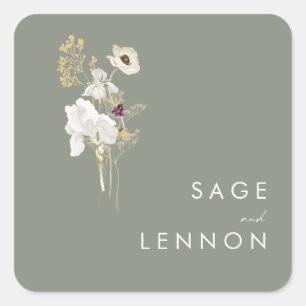 Whimsical Wildflower Bouquet Sage Green Envelope Square Sticker