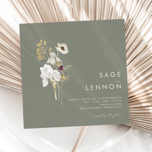 Whimsical Wildflower Bouquet  Sage Green Square Invitation