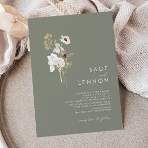 Whimsical Wildflower Bouquet Sage Green Wedding Invitation