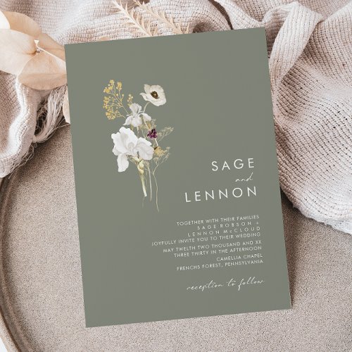 Whimsical Wildflower Bouquet  Sage Green Wedding Invitation