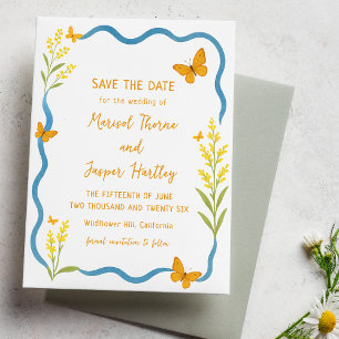 Whimsical Wildflower Butterfly Hand Drawn Wavy Save The Date