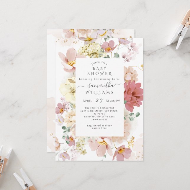 Whimsical Wildflower Elegant Boho Baby Shower  Invitation (Front/Back In Situ)