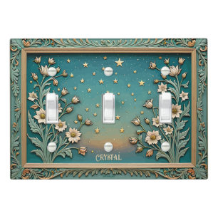 Whimsical Wildflower Evening Teal Triple Toggle Light Switch Cover