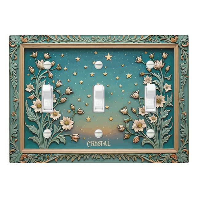 Whimsical Wildflower Evening Teal Triple Toggle Light Switch Cover (In Situ)