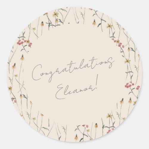 Whimsical Wildflower Floral Boho Congratulations  Classic Round Sticker
