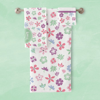 Whimsical Wildflower Floral Monogram Bath Towel Set by mangomoonstudio at Zazzle