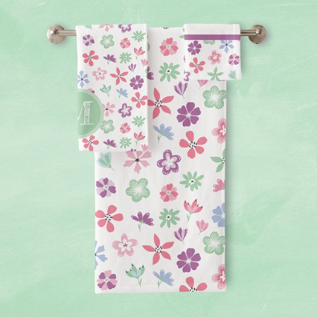 Whimsical Wildflower Floral Monogram Bath Towel Set (Creator Uploaded)