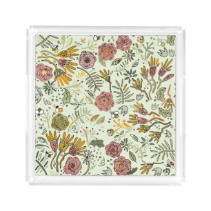 Whimsical Wildflower Garden & Bumblebee Pattern Acrylic Tray
