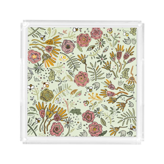 Whimsical Wildflower Garden & Bumblebee Pattern Acrylic Tray (Front)