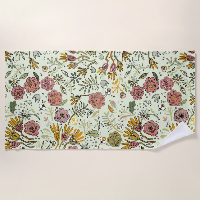 Whimsical Wildflower Garden & Bumblebee Pattern Beach Towel (Front)