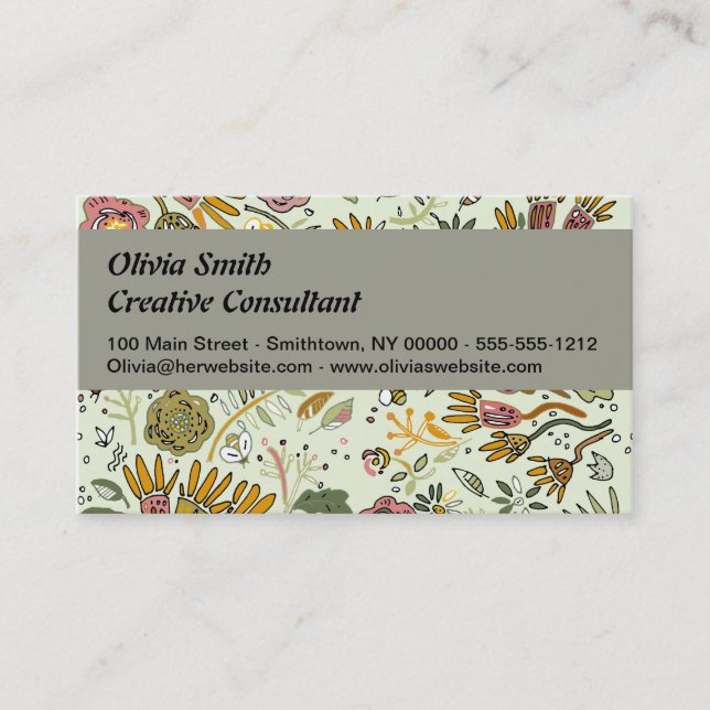 Whimsical Wildflower Garden & Bumblebee Pattern Business Card (Front)