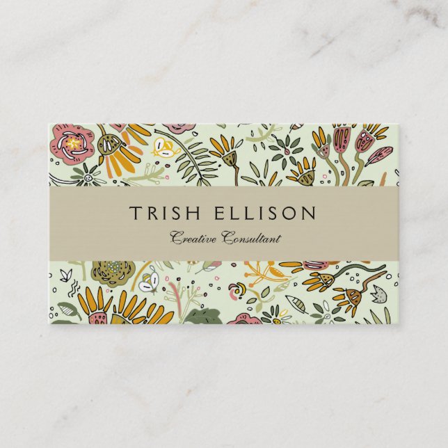 Whimsical Wildflower Garden & Bumblebee Pattern Business Card (Front)