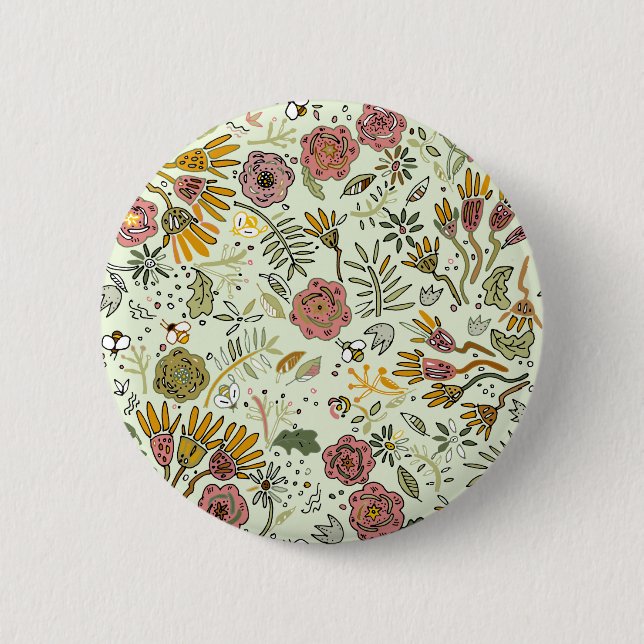 Whimsical Wildflower Garden & Bumblebee Pattern Button (Front)