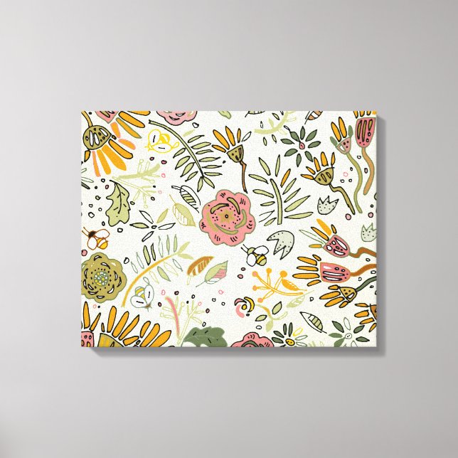 Whimsical Wildflower Garden & Bumblebee Pattern Canvas Print (Front)