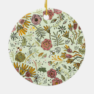 Whimsical Wildflower Garden & Bumblebee Pattern Ceramic Ornament