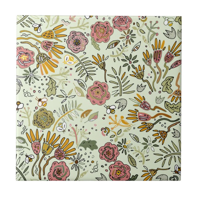 Whimsical Wildflower Garden & Bumblebee Pattern Ceramic Tile (Front)