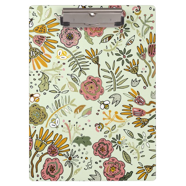 Whimsical Wildflower Garden & Bumblebee Pattern Clipboard (Front)