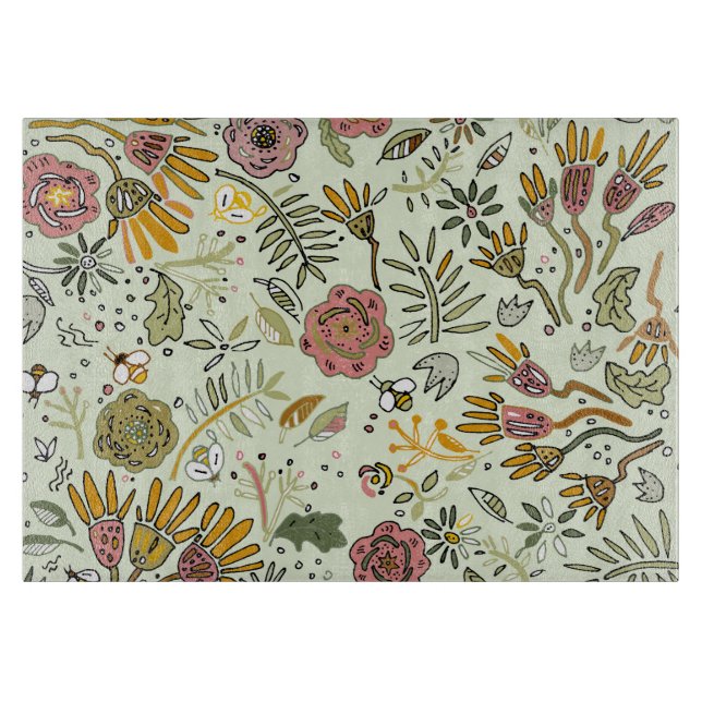 Whimsical Wildflower Garden & Bumblebee Pattern Cutting Board (Front)
