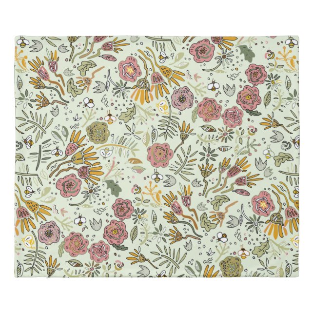 Whimsical Wildflower Garden & Bumblebee Pattern Duvet Cover (Back)