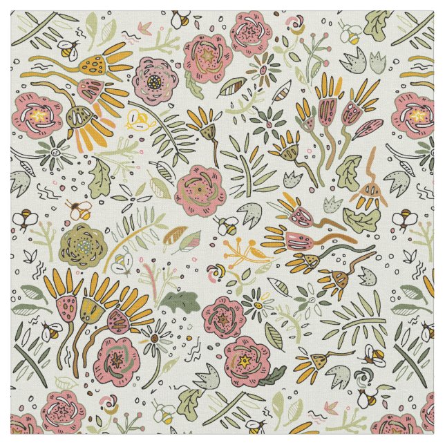 Whimsical Wildflower Garden & Bumblebee Pattern Fabric (Close Up)