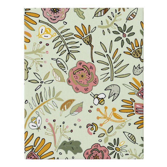 Whimsical Wildflower Garden & Bumblebee Pattern Faux Canvas Print (Front)