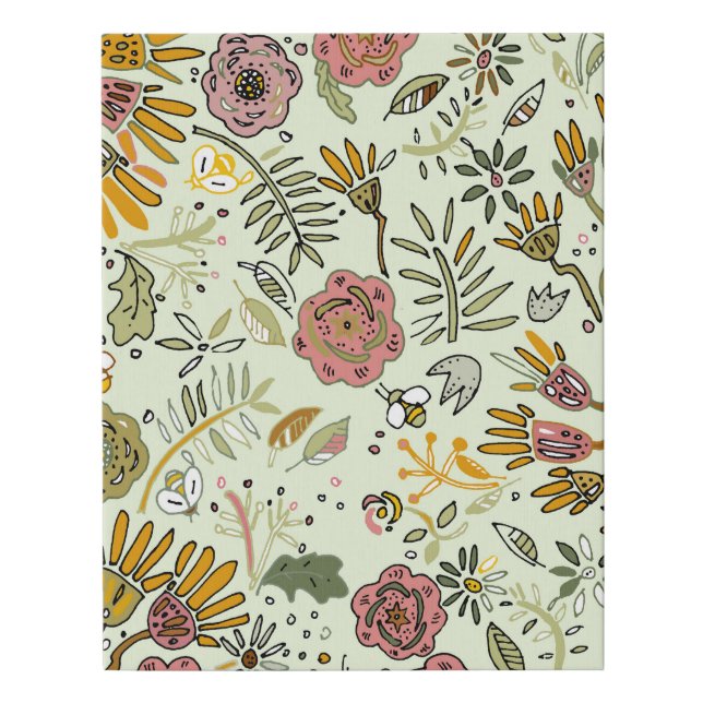 Whimsical Wildflower Garden & Bumblebee Pattern Faux Canvas Print (Front)