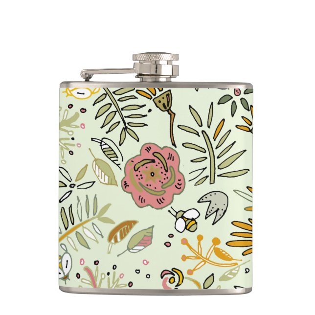 Whimsical Wildflower Garden & Bumblebee Pattern Flask (Front)